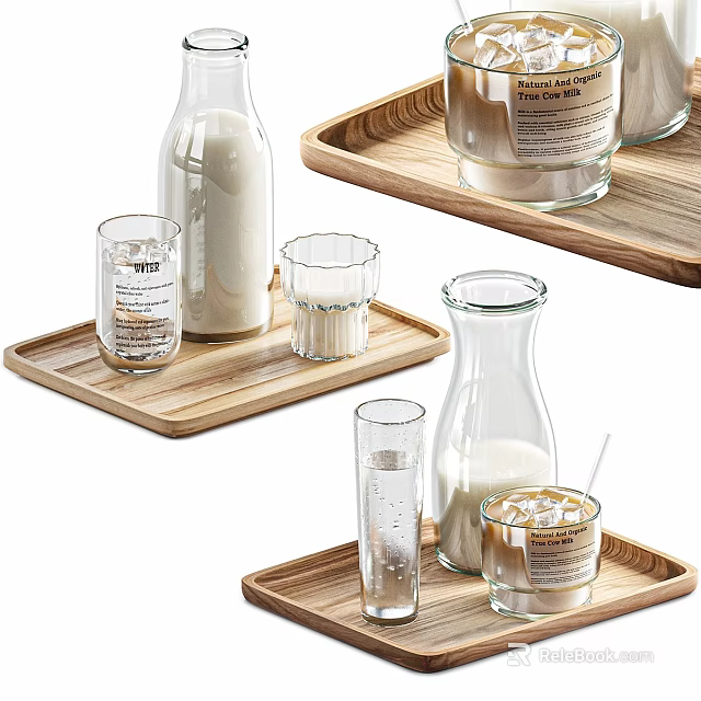 Refreshing Beverages in Glass Bottles and Cups on Wooden Trays with Ice Cubes 3d model 