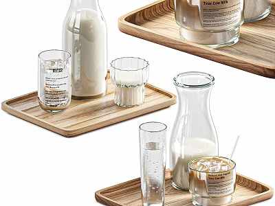 Refreshing Beverages in Glass Bottles and Cups on Wooden Trays with Ice Cubes 3d model