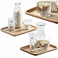 Refreshing Beverages in Glass Bottles and Cups on Wooden Trays with Ice Cubes