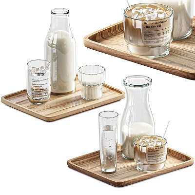 Refreshing Beverages in Glass Bottles and Cups on Wooden Trays with Ice Cubes 3d model