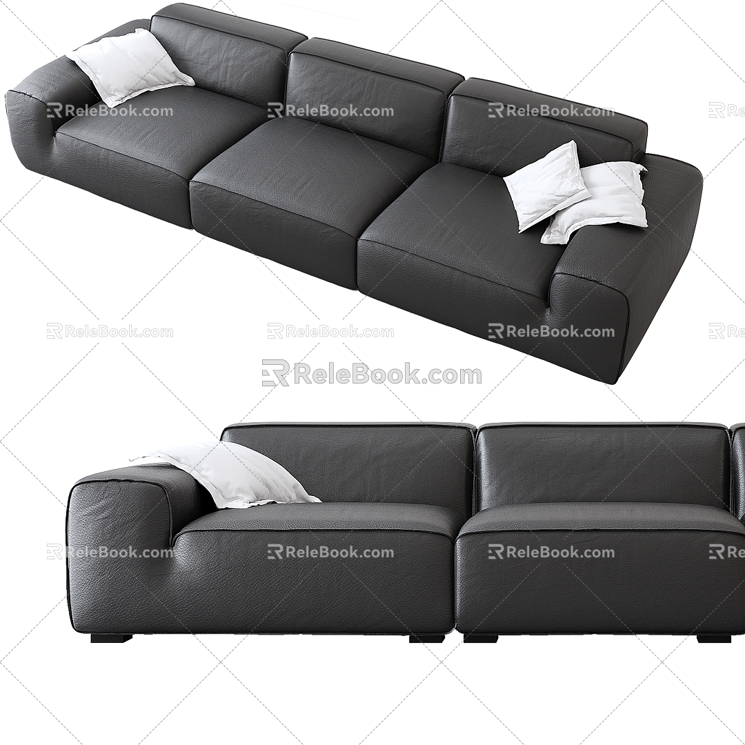 Modern Three-Seat Sofa Italian Minimalist Big Black Cow Xia Tu Sofa Multiplayer Sofa 3d model