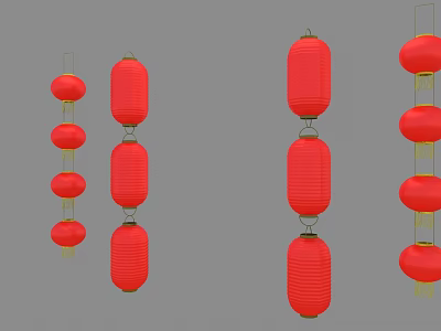 Red Lanterns Hanging In Strings With Circular And Elongated Shapes On Gray Background 3d model