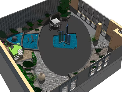 Beautiful Courtyard Garden Design With Central Water Feature Lush Plants And Outdoor Seating 3d model