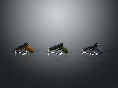 Three Different Colored Pistols Displayed On Black Background With Reflective Surfaces 3d model