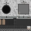 Elegant Bathroom With Double Vanities Rattan Details And Floral Bird Wallpaper