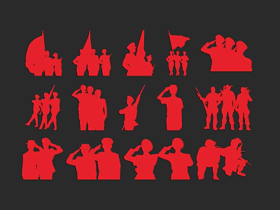 Red People Silhouettes With Various Action Poses On Black Background 3d model