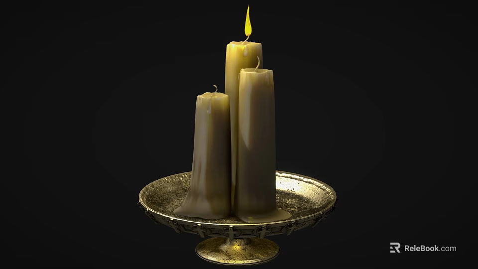 Elegant Candle Lamp With Three White Candles On Golden Pedestal Tray Featuring Lit Flame 3d model 
