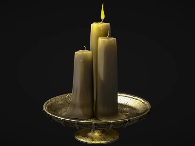 Elegant Candle Lamp With Three White Candles On Golden Pedestal Tray Featuring Lit Flame 3d model