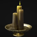 Elegant Candle Lamp With Three White Candles On Golden Pedestal Tray Featuring Lit Flame