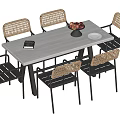 Modern Dining Table Set With Rectangular Light Wood Top And Woven Rattan Back Chairs 3d model
