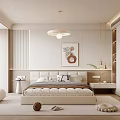 Modern Minimalist Bedroom Interior Design With Soft Tones Bed Pendant Light Artwork Wardrobe And Carpet