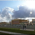 Modern Commercial Street with Contemporary Architecture Storefronts Cars Pedestrians Walking Green Lawn and Open Space