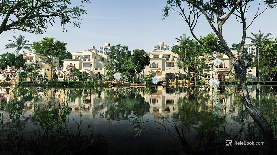 Elegant Detached Villa with Lake Reflection and Lush Greenery Surroundings 3d model 
