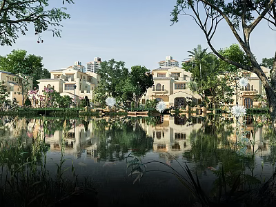 Elegant Detached Villa with Lake Reflection and Lush Greenery Surroundings 3d model
