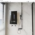 Modern Bathroom With Black Water Heater Digital Temperature Display Marble Wall And Window Blinds