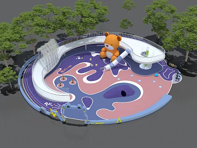 Vibrant Children's Playground With Circular Design Colorful Ground Trees And Teddy Bear 3d model