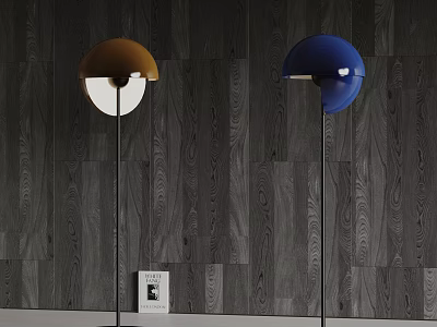 Elegant Golden And Blue Dome Shaped Pendant Lights Against Dark Wood Grain Wall 3d model