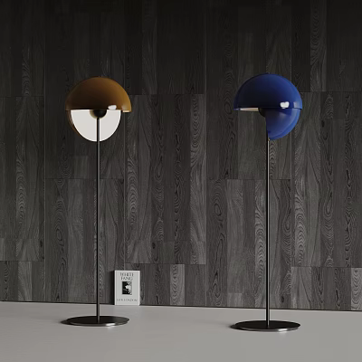 Elegant Golden And Blue Dome Shaped Pendant Lights Against Dark Wood Grain Wall 3d model