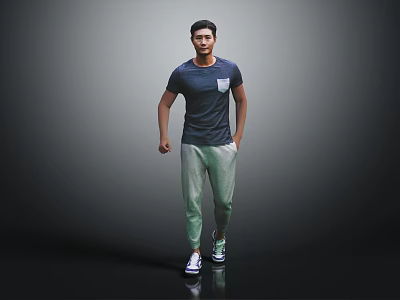 Man In Dark Blue T Shirt Light Green Pants White Shoes Standing 3d model