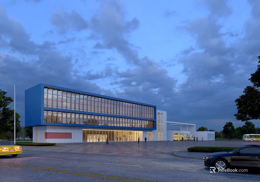 Modern Blue And White Office Building With Large Glass Windows And Parking Area 3d model 
