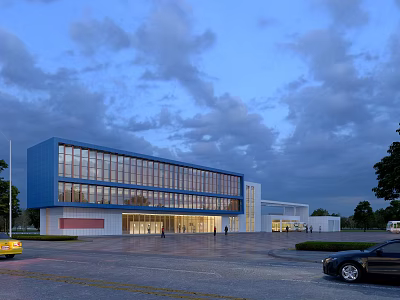 Modern Blue And White Office Building With Large Glass Windows And Parking Area 3d model