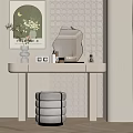 White Vanity Table With Illuminated Mirror Vase Art On Textured Tile Wall And Wooden Floor