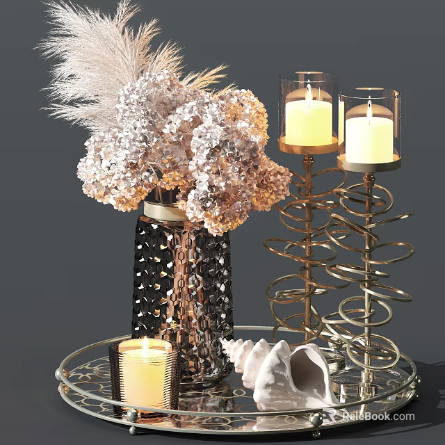 Elegant Decorative Vase With White Flowers Golden Spiral Candle Holders And Shells 3d model 