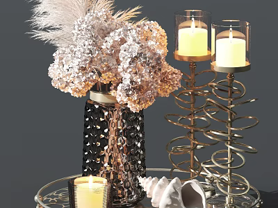 Elegant Decorative Vase With White Flowers Golden Spiral Candle Holders And Shells 3d model