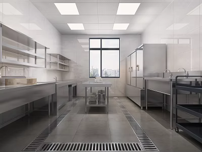 Professional Commercial Kitchen Interior With Stainless Steel Worktables Storage Cabinets Windows And Floor Drains 3d model