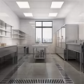 Professional Commercial Kitchen Interior With Stainless Steel Worktables Storage Cabinets Windows And Floor Drains
