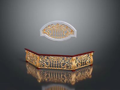 Intricate Gold And Red Carved Decorative Railing With Reflection And Silver Screen 3d model