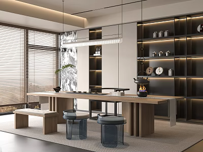 Modern Tea Room Interior Design With Long Wooden Table Stools And Tea Sets On Shelves 3d model
