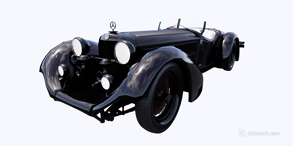 Classic Black Mercedes-Benz Convertible With Retro Design Round Headlights And Streamlined Body 3d model 
