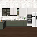 Modern Kitchen Interior With Brick Wall Wooden Floor Cabinets Refrigerator And Oven