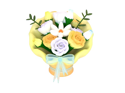 Vibrant Bouquet With Yellow White Pink Roses White Flowers Yellow Wrapping And Light Blue Bow 3d model