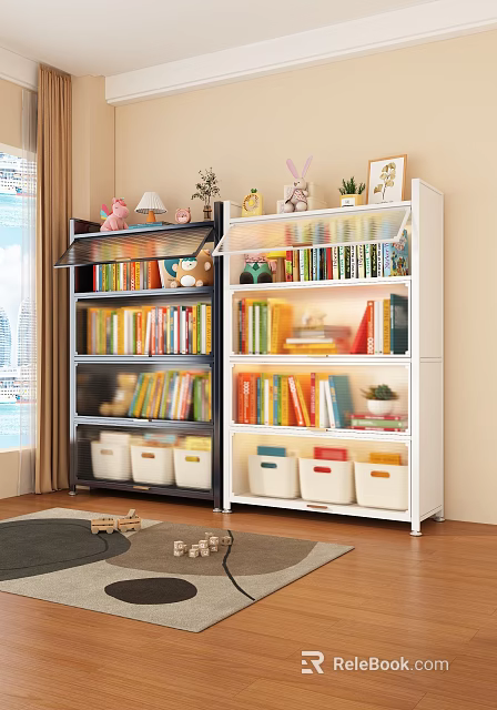 Black and White Multilayer Bookcase With Books Decorative Items And Storage Bins 3d model 