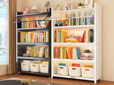Black and White Multilayer Bookcase With Books Decorative Items And Storage Bins 3d model