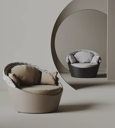 Modern Wicker Single Sofa In Beige And Black With Soft Cushions And Curved Design 3d model
