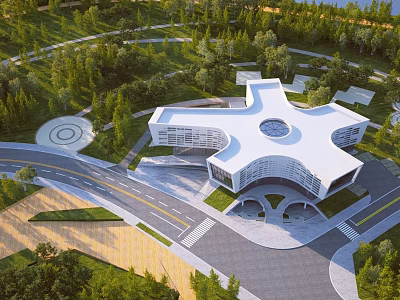 Modern Architectural Building With Unique Star Shaped Roof And Green Surroundings 3d model