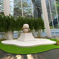 Modern Indoor Stage With White Platform Panda Sculpture Green Bamboo Glass Windows And Golden Decorations