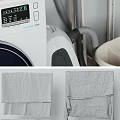 Modern Washing Machine in Laundry Room With Storage Shelf Laundry Basket Clothes and Cleaning Tools