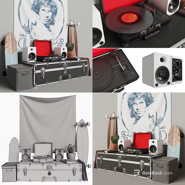 Vintage Trunk with Vinyl Record Player Skateboard Speakers and Plants 3d model 