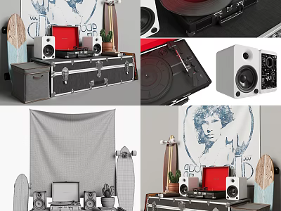 Vintage Trunk with Vinyl Record Player Skateboard Speakers and Plants 3d model