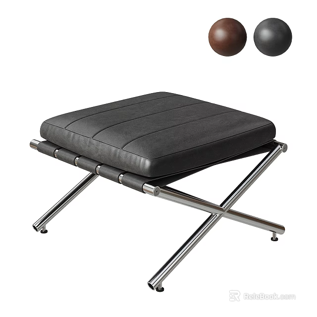 Modern Stool with Black Leather Striped Cushion Crossed Metal Frame and Color Options Brown Gray 3d model 