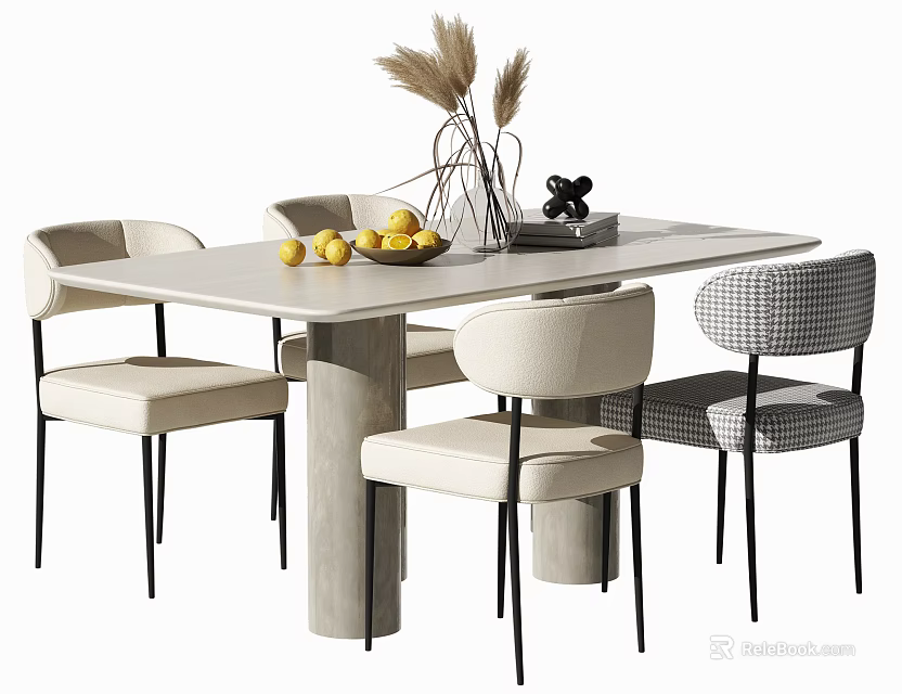 Modern Dining Table Set with Beige Checkered Chairs Marble Top and Lemon Vase Decor 3d model 