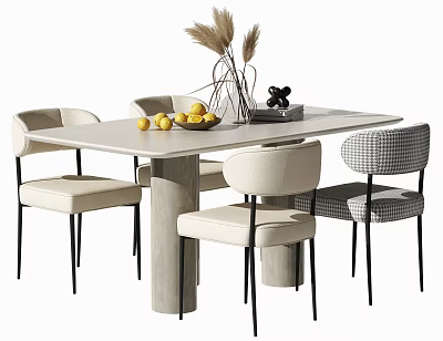 Modern Dining Table Set with Beige Checkered Chairs Marble Top and Lemon Vase Decor 3d model