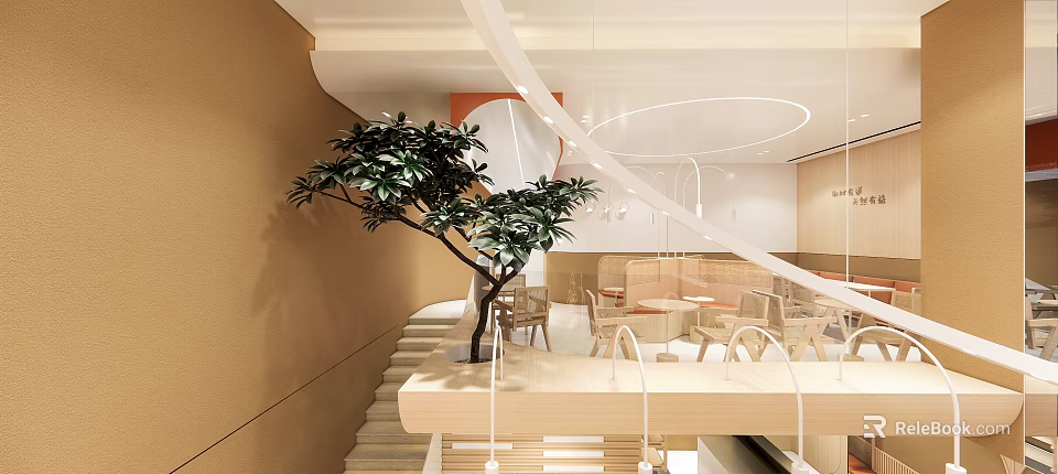 Modern Café Interior Design With Green Plant Circular Pendant Lights And Wooden Dining Tables 3d model 