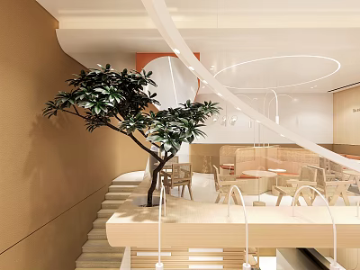 Modern Café Interior Design With Green Plant Circular Pendant Lights And Wooden Dining Tables 3d model