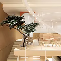 Modern Café Interior Design With Green Plant Circular Pendant Lights And Wooden Dining Tables