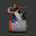 Strong Pink Cartoon Character Riding Red And White Cylindrical Object With Red Haired Companion